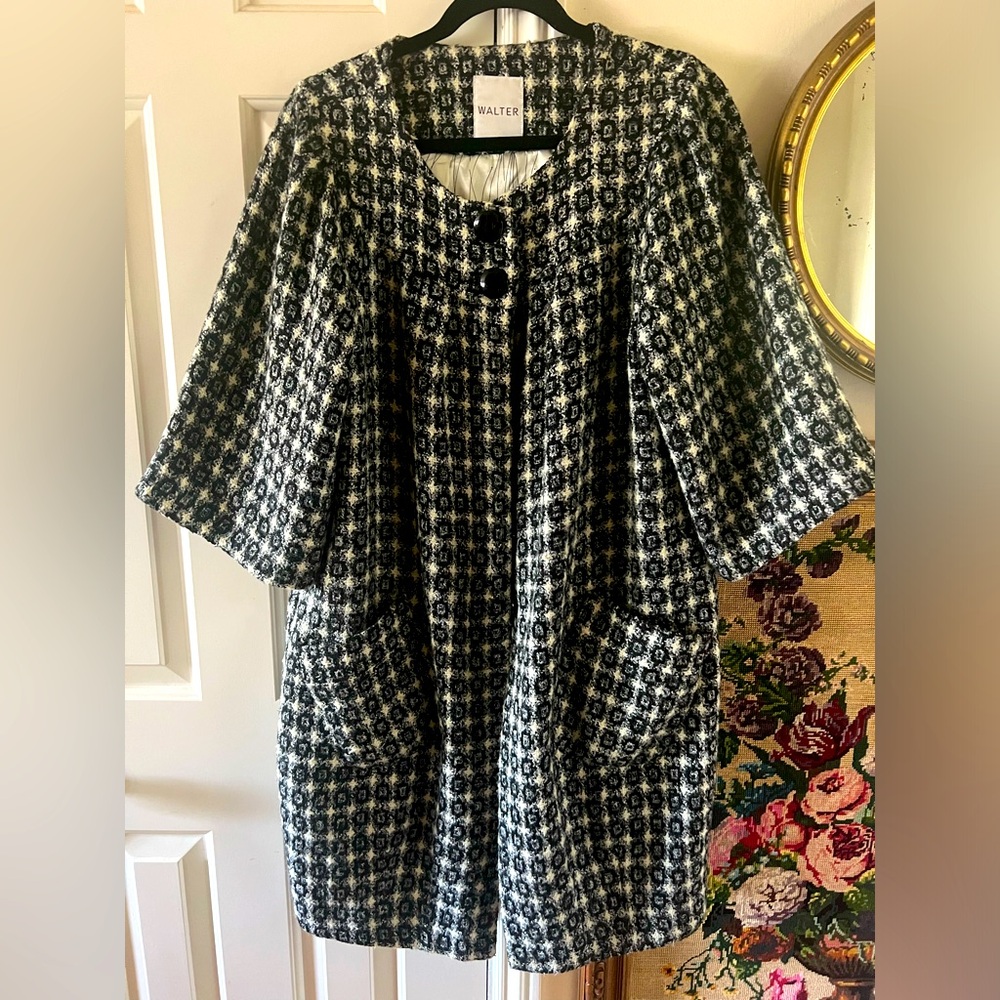 Walter mod print wool blend knit coat with fab buttons, M to L
